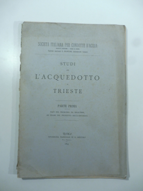 Studi per l'acquedotto di Trieste. Parte prima. Dati del problema da risolvere ed esame del progetto Recca-Bistrizzi